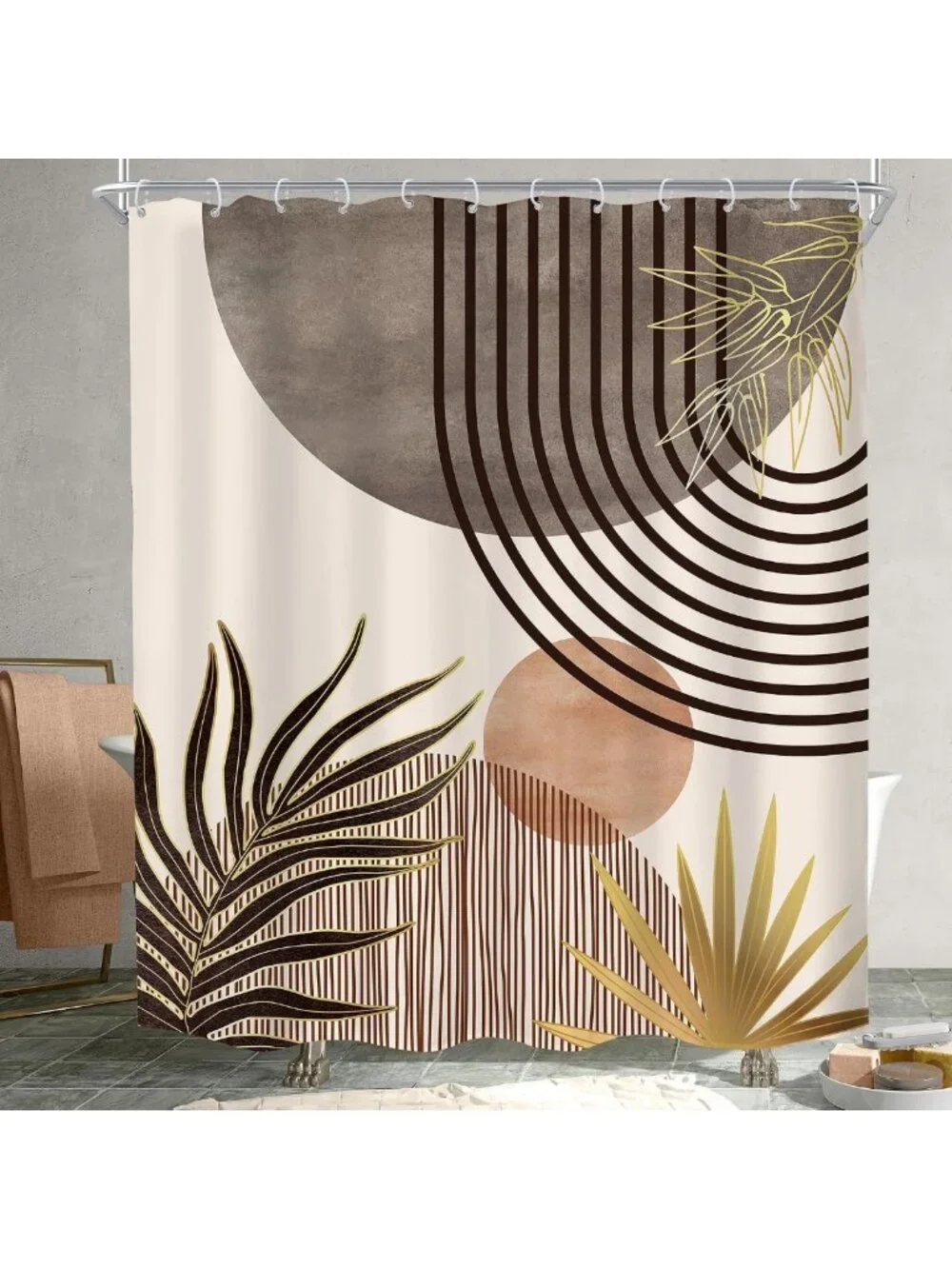 Mid Century Boho Abstract Gray & Brown Shower Curtain Set for Modern Bathrooms